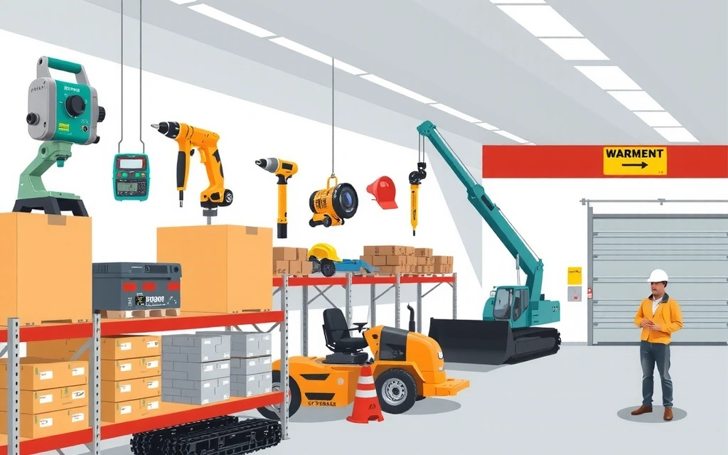 Advanced construction equipment and tools at SteelCraft facility, including precision measurement instruments and modern construction machinery