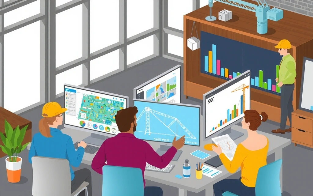 Construction project management center with advanced planning software, project tracking systems, and collaborative workspace