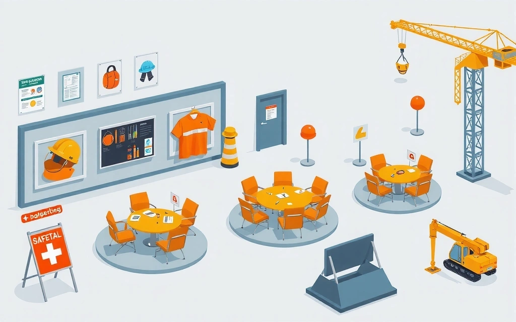 Safety training and briefing area at SteelCraft facility showing safety equipment, training materials, and safety protocol displays